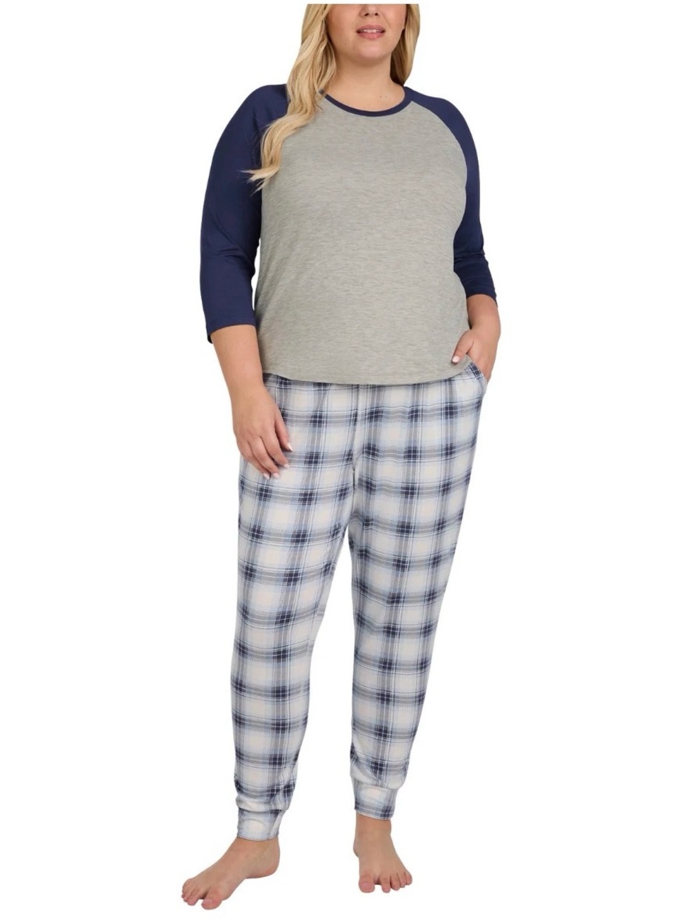 Eddie Bauer Two-Piece Pajama Set in Heather Gray & Navy with Plaid Pants